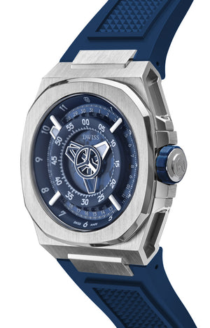 M3-blue-rubber with DWISS unique displaced hours. Design awarded Swiss made watch using ETA 2824-2 elabore