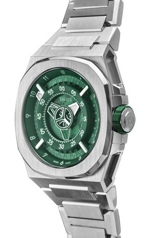 M3-green-bracelet with DWISS unique displaced hours. Design awarded Swiss made watch using ETA 2824-2 elabore