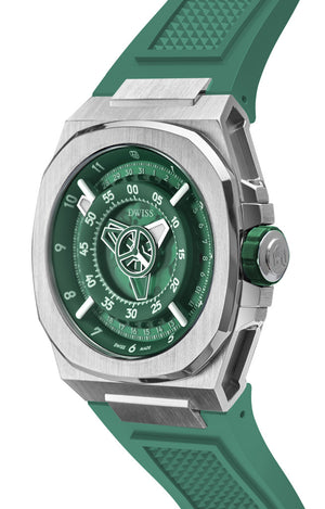 M3-green-rubber with DWISS unique displaced hours. Design awarded Swiss made watch using ETA 2824-2 elabore