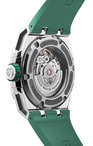 M3-green-rubber with DWISS unique displaced hours. Design awarded Swiss made watch using ETA 2824-2 elabore