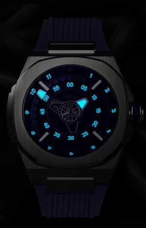 M3-blue-rubber with DWISS unique displaced hours. Design awarded Swiss made watch using ETA 2824-2 elabore