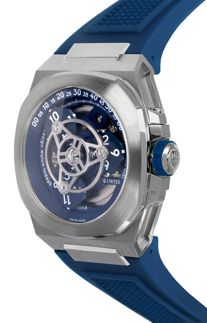 M3W-blue-rubber- wandering hours swiss made watch with sellita sw-200 automatic movement from the microbrand DWISS