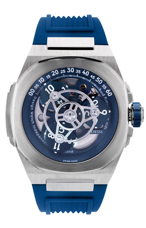 M3W-blue-rubber- wandering hours swiss made watch with sellita sw-200 automatic movement from the microbrand DWISS