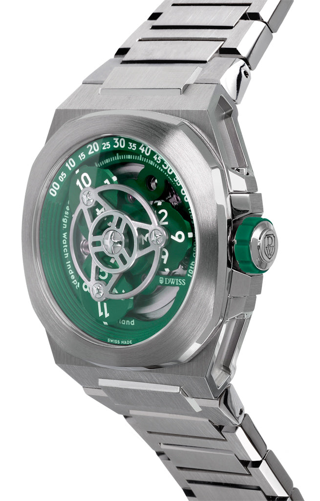 M3W-green-bracelet- wandering hours swiss made watch with sellita sw-200 automatic movement from the microbrand DWISS