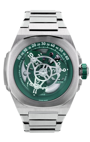 M3W-green-bracelet- wandering hours swiss made watch with sellita sw-200 automatic movement from the microbrand DWISS