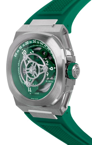 M3W-green-rubber- wandering hours swiss made watch with sellita sw-200 automatic movement from the microbrand DWISS