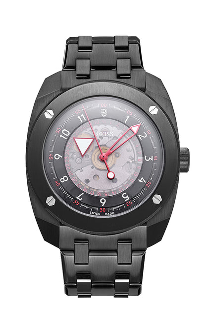 R2-BB-bracelet

SWISS MADE AUTOMATIC WRIST WATCH 
with floating hours display

Dimension: 40,0 mm diameter, 10.5mm thickness
(case thickness: 6.8 mm + 1.6mm sapphire crystal + 2.0 mm caseback)
Movement: Swiss made automatic movement, Peseux P224
Number of jewels: 28 jewels, Frequency 28'800 bph. Power reserve: approximately 38h. Fully decorated with “perlage” and “cote de geneve”
Case: 316L Stainless Steel IP black, See-through case back
Dial: Black and red details with floating hours display
